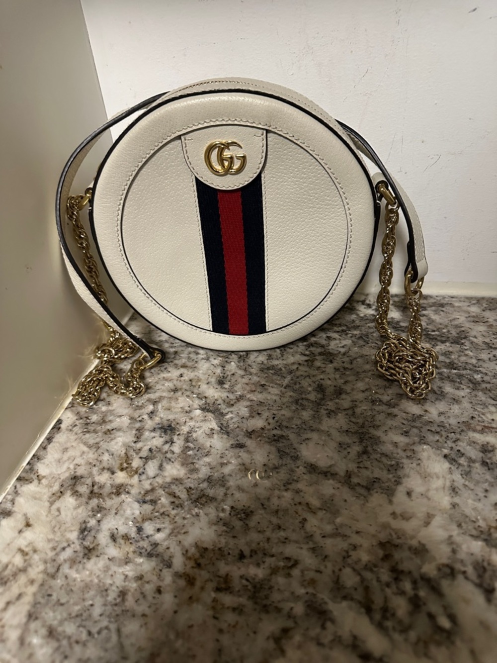 Gucci White Round Leather Crossbody with Red and Navy Web